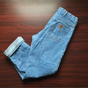 Vintage Carhartt Jeans Blue Denim Flannel Lined Carpenter Work Pants Size 33x30